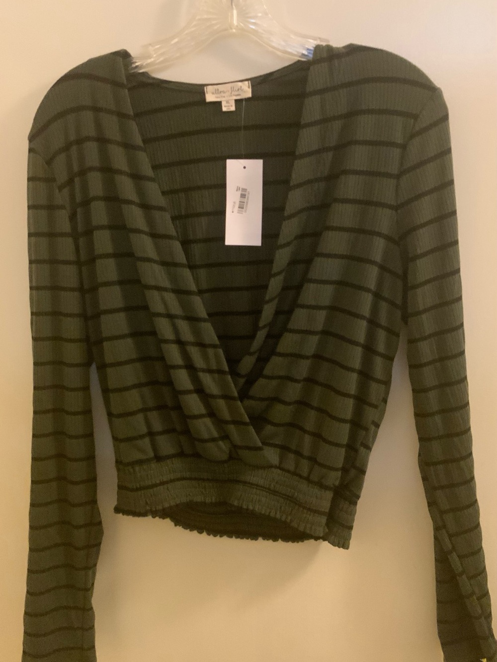 Ultra Flirt Olive and Black Striped Faux-Wrap Long Sleeve Top